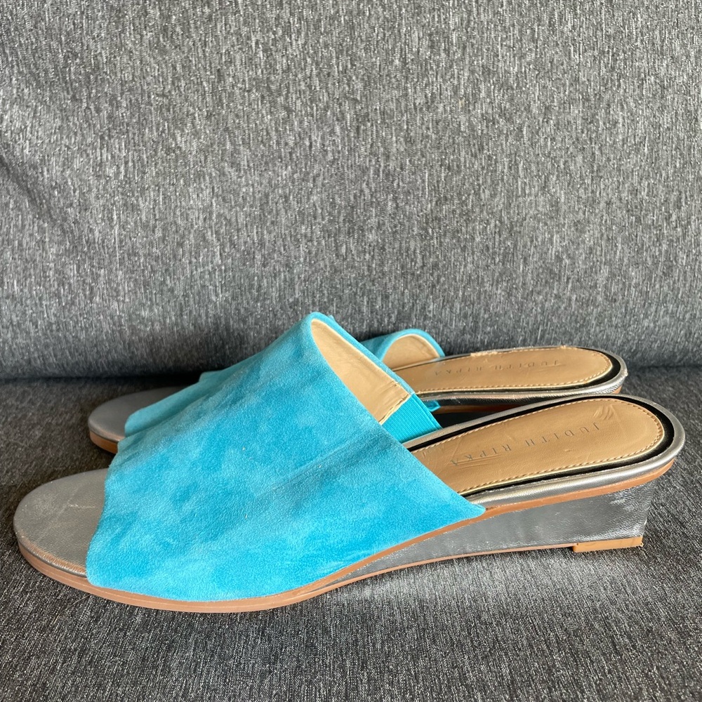 Judith Ripka sandals Jaime size 11 sky blue suede silver wedge Christmas cruise - Picture 2 of 6